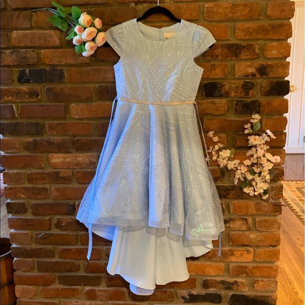 Rare Editions Big Girls Sequin Mesh Hi-Low Dress Light Blue Size 16